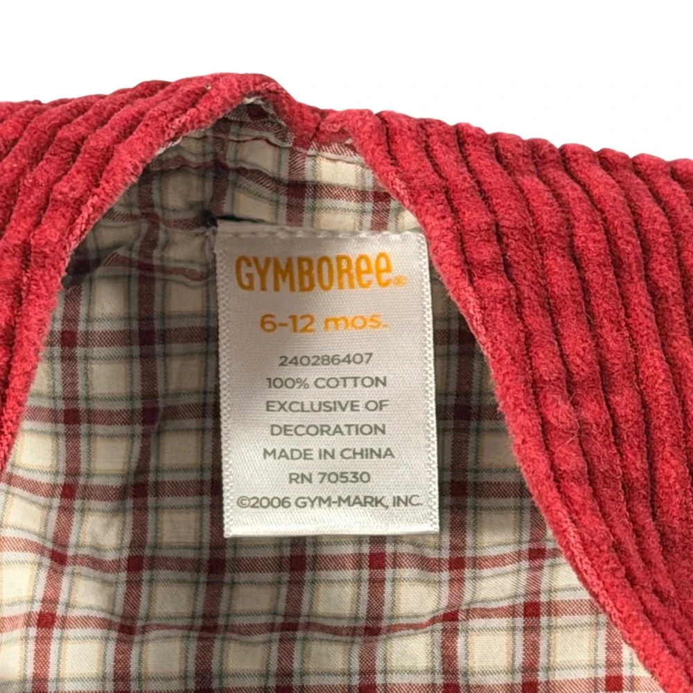 Gymboree Corduroy Overalls Baby Boy 6-12M Red Cotton Plaid Lined Vintage Penguin